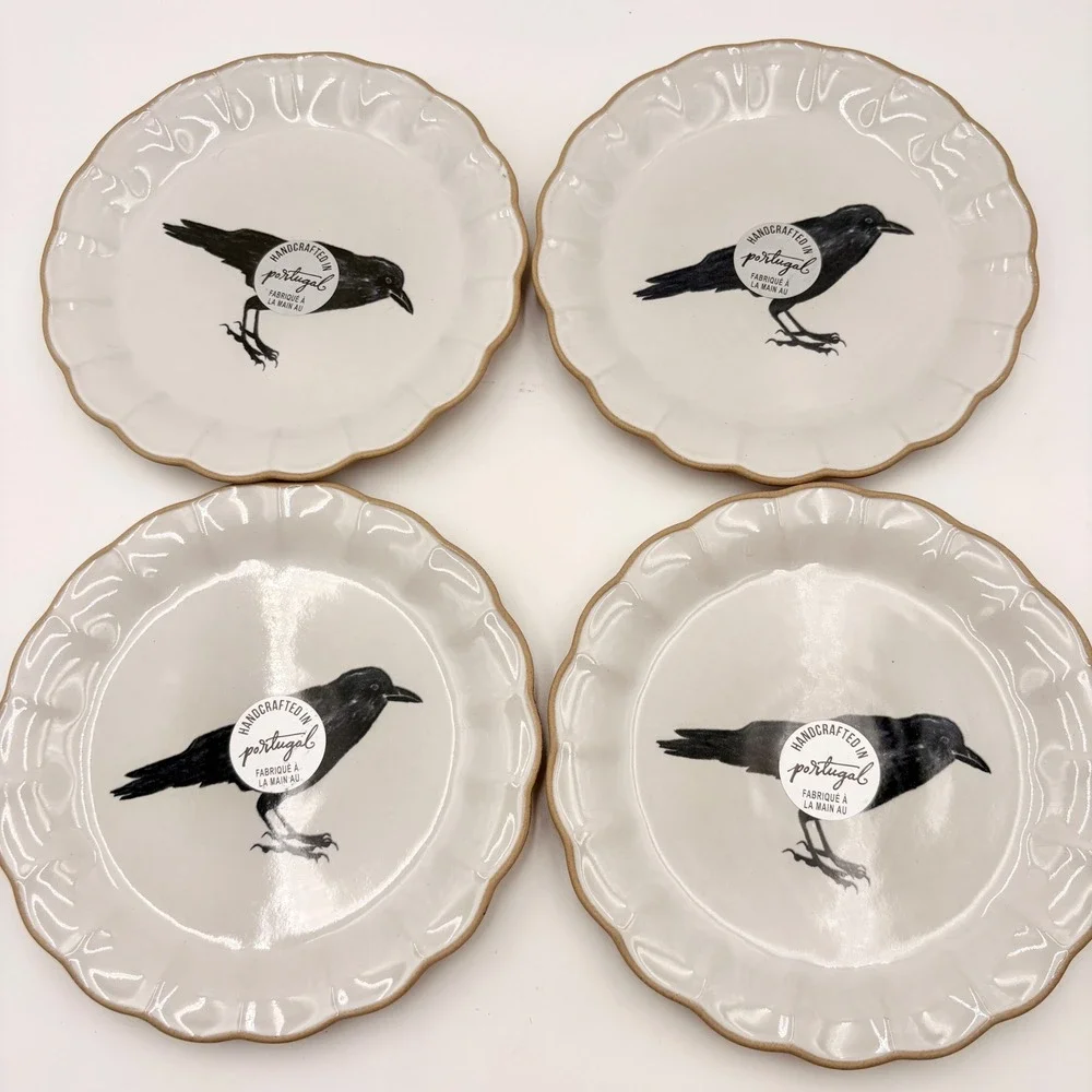 Vagos Portugal Stoneware Raven Scalloped Halloween Plates Set of 4 Salad Dessert